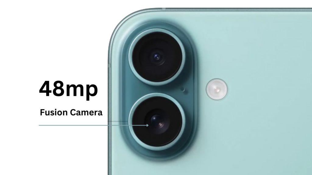 A close look of iPhone 16 rear camera listing the specification also which is 48 Mega Pixel. 