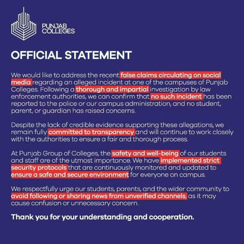 The image of official Statement of Punjab College Campus 10. 