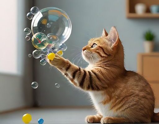 A cat joyfully interacting with floating bacon flavoured bubbles on the floor, capturing a moment of playful exploration and delight.